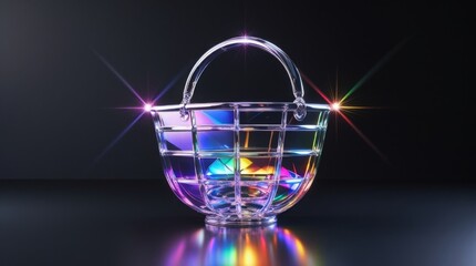  Glass shopping basket icon glowing with prismatic light, black background, futuristic luxury 3D dispersion style