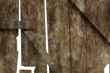 Close-up of a weathered, rustic wooden surface with visible grain and scratches. Features vertical planks and a partial diagonal brace, suggesting an old barn door © omkuhh