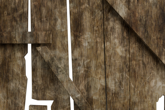 Close-up of a weathered, rustic wooden surface with visible grain and scratches. Features vertical planks and a partial diagonal brace, suggesting an old barn door