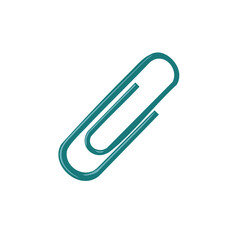 Obraz premium Teal paper clip isolated on white background. Stationery accessory