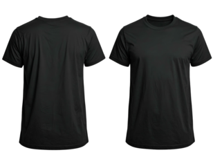 Front and back view of a plain black crew-neck t-shirt, isolated against a black backdrop