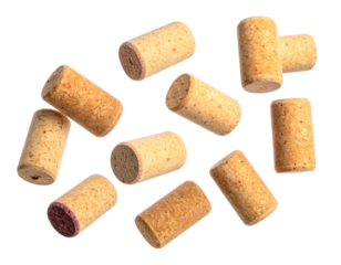 Isolated close-up of several cylindrical corks against a black background