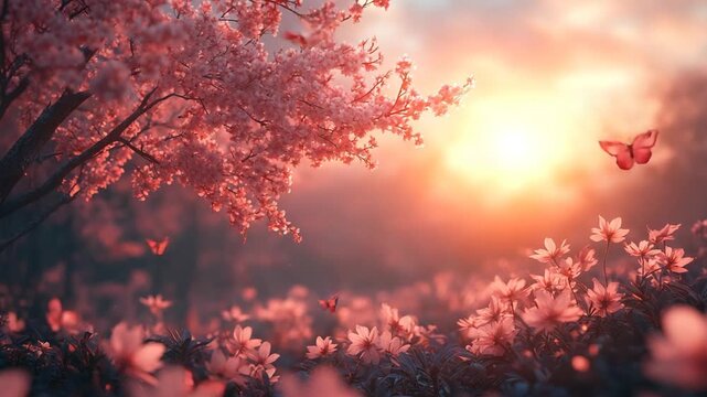 Enchanting Sunset in a Cherry Blossom Garden with Butterflies.