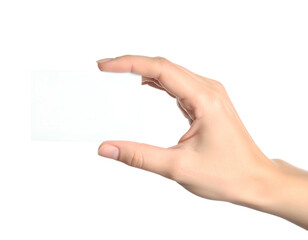 Obraz premium Close-up of a hand holding a blank rectangular card, isolated on black background