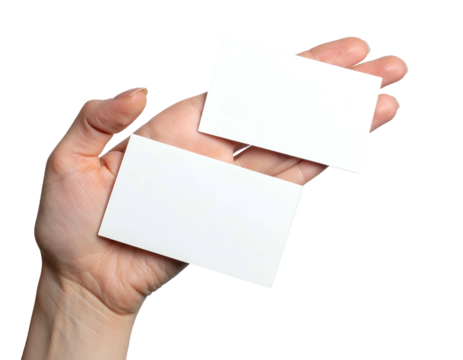 A person's hand presents two rectangular blank cards on a solid black background