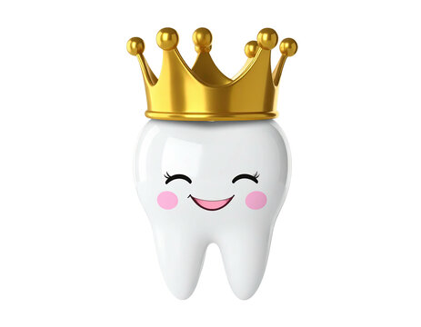 Cartoon tooth wearing a golden crown, smiling with rosy cheeks, on a black background
