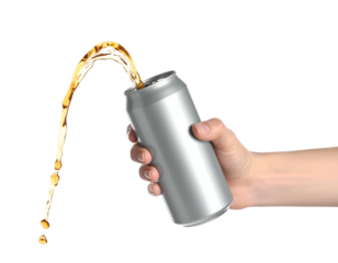 A hand holding a silver can with liquid pouring out, isolated on a black background