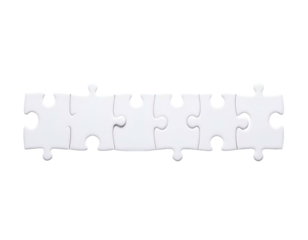 A row of six white puzzle pieces interconnected, set against a black background