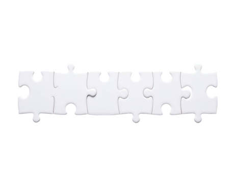 A row of six white puzzle pieces interconnected, set against a black background - Powered by Adobe