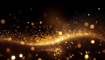 Obraz premium Golden Dust Shimmering Bokeh Glowing Gold Glitter Particles Abstract Background Warn Festive Overlay