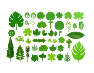 Collection of diverse, stylized green leaves and foliage arranged against a solid black background