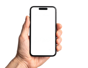 A hand holding a smartphone with a blank white screen against a black background (1)