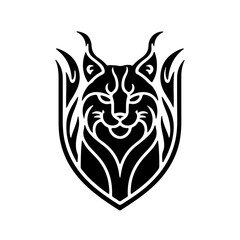 A silhouette of fierce lynx or bobcat head inside a shield logo or tattoo.