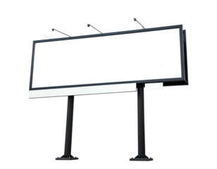 A tall billboard on metal poles, illuminated with spotlights, against a black background