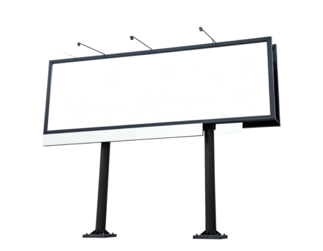 A tall billboard on metal poles, illuminated with spotlights, against a black background