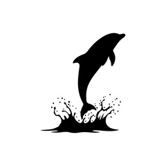 A silhouette of dynamic dolphin leaping out of the water with splash.