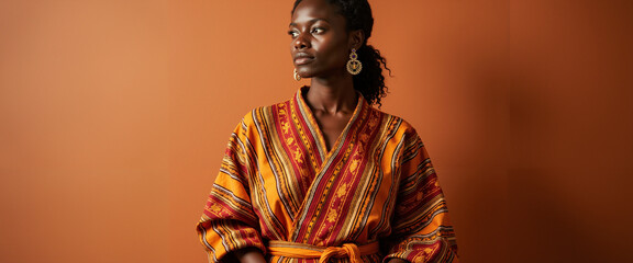 Obraz premium Woman in kente standing confidently against an orange background 