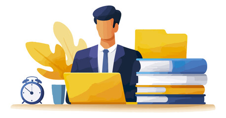 Businessman working at desk with laptop and books illustration