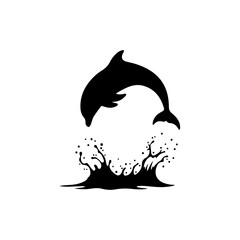 A silhouette of dolphin mid-air jump above water splash.