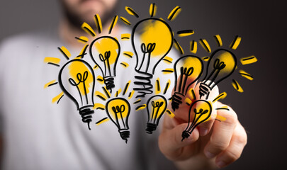 Hand drawn light bulbs, innovation, creativity, solutions, ideas, thinking, concept,  business,...