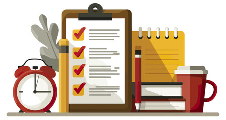 Checklist notebook clock pencil coffee cup books illustration