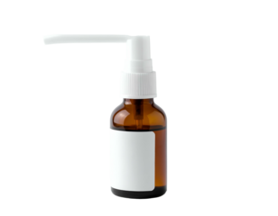 Brown medical spray bottle with white label and nozzle, isolated on a black background