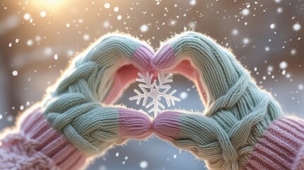 Knitted mittens holding heart-shaped snow, romantic winter moment, cozy love feeling in soft daylight atmosphere 