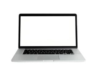 Isolated, open, silver-colored laptop with a blank white screen against a black background
