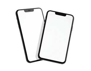 Two modern, high-resolution smartphones with blank white screens, on a transparent black background