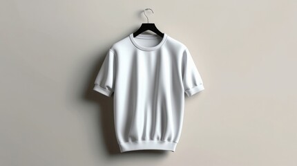 Minimalist white short-sleeve sweatshirt on hanger, soft neutral background, elegant modern apparel mockup design
