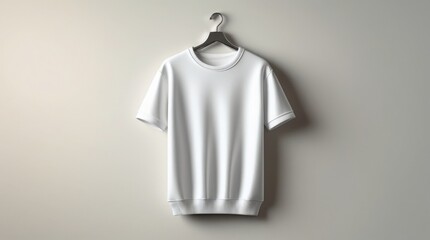 Minimalist white short-sleeve sweatshirt on hanger, soft neutral background, elegant modern apparel mockup design