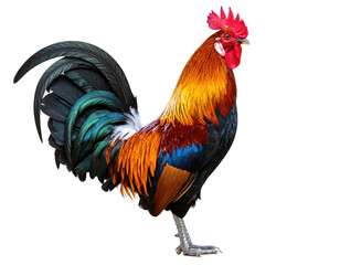 Fototapeta premium Colorful rooster with vibrant plumage, comb erect, isolated on black background