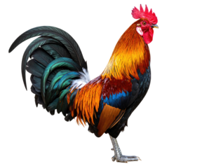 Colorful rooster with vibrant plumage, comb erect, isolated on black background