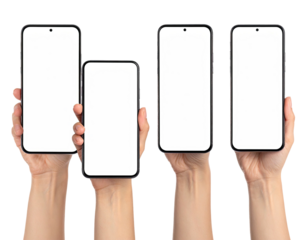 Several human hands holding different sized smartphones with blank white screens