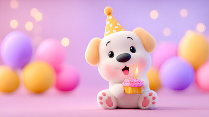 Cute cheerful cartoon puppy in party hat sits and holds cupcake with lit candle. Happy funny dog with cupcake and balloons on pink background. Children's birthday card