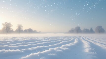 Peaceful snowy field under pale blue sky, endless winter horizon, soft white textures glowing in frosty sunlight