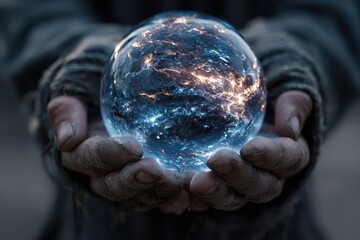 Holding futuristic sphere with glowing circuits in hands during the daytime