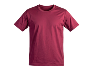 A frontal studio shot of a plain, short-sleeved burgundy-colored tee-shirt