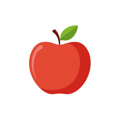 Vibrant Red Apple Illustration with Green Leaf and Brown Stem on White Background, Fresh and Healthy Fruit