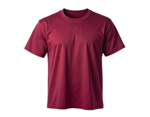 A plain short-sleeved t-shirt in a maroon hue against a black background