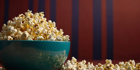 A large bowl of fresh buttered popcorn on a dark background with dramatic lighting and scattered pieces