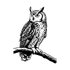 A silhouette of alert great horned owl perched on branch looking back black and white engraving.