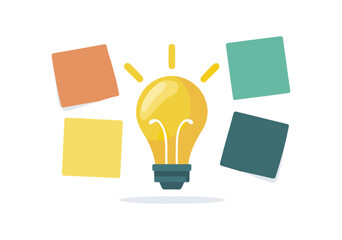 Bright lightbulb surrounded by sticky notes representing ideas and concepts