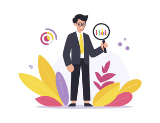 Business analyst examining data with magnifying glass