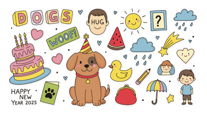 Fototapeta premium Delightful dog party illustration for Happy New Year 2025 celebrations, perfect for whimsical birthday invitations, cute children's book illustrations, and playful social media designs
