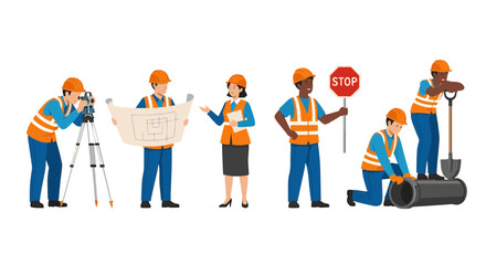 Energetic construction team working together on site plans, safety protocols, and infrastructure repairs, demonstrating teamwork and expertise in a modern engineering project