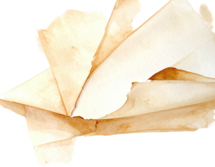 Close-up of aged, torn, and layered paper fragments against a stark black background