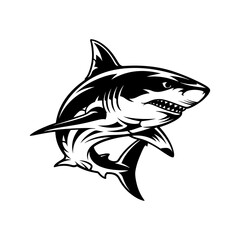 A silhouette of fierce great white shark mascot tattoo or logo.