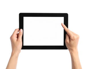 Hands holding a black tablet with a blank white screen, indicating touch interaction