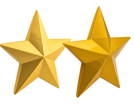 Two radiant, golden, five-pointed stars, side-by-side against a stark black background